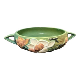 Vintage Roseville Pottery Green Double Handled Magnolia Bowl 447-6 1940's MCM For Sale
