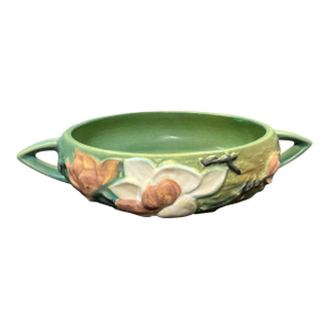Vintage Roseville Pottery Green Double Handled Magnolia Bowl 447-6 1940's MCM
