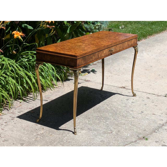 Campaign Late 20th Century Burl French Empire Style Console Table With Brass Legs For Sale - Image 3 of 11
