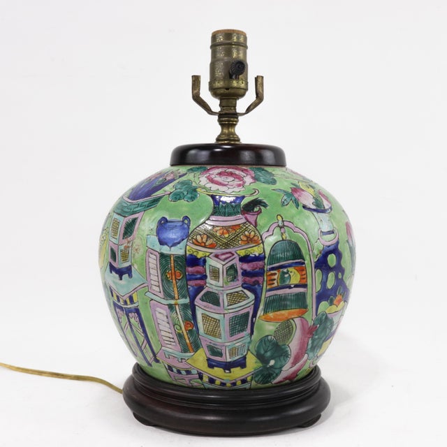 Chinese Vintage Chinese Traditional Melon-Shaped Porcelain Table Lamp With Lotus and Scholar’s Objects Motif For Sale - Image 3 of 12
