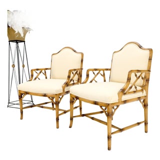 Pair Faux Bamboo New Virgin Wool Upholstery Lounge Arm Fire Side Chairs MINT! For Sale