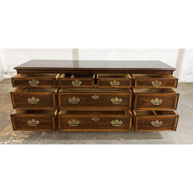 Wood Drexel 18th Century Collection Banded Dresser With Dual Mirrors For Sale - Image 7 of 17