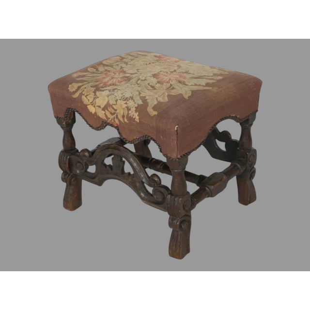 Late 19th Century Antique English Carved Oak Footstool Bench With Floral Tapestry Seat For Sale - Image 9 of 10