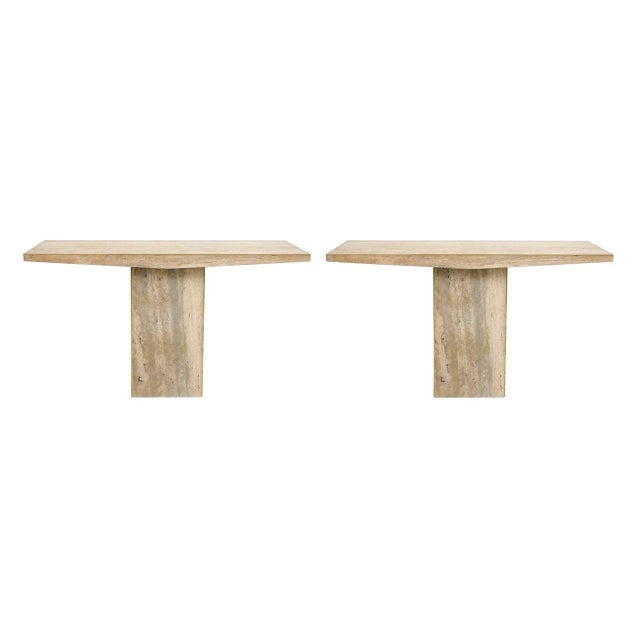 Tan Sculptural Pair of Contemporary Italian Travertine Consoles With Brass Banding For Sale - Image 8 of 8