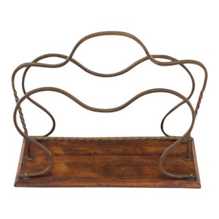 Vintage Mid Century Twisted Brass and Wood Magazine Rack For Sale