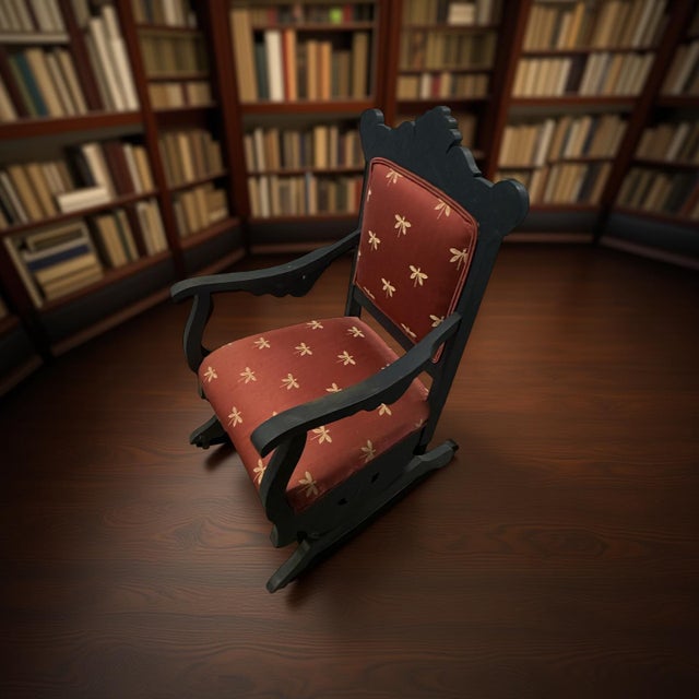 Vintage-Style Carved Wood Glider Rocker With Dragonfly Upholstery For Sale - Image 4 of 11