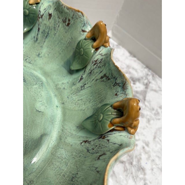 Large Vintage Aqua Glazed Pottery Scalloped Frog Bowl For Sale - Image 9 of 11