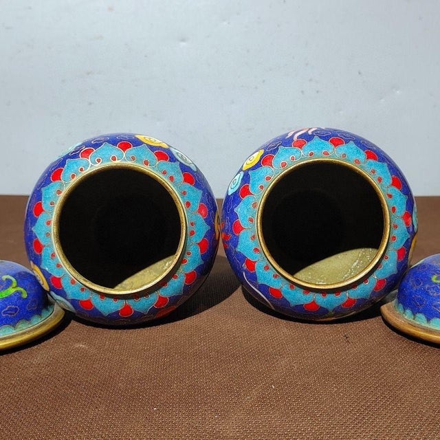 Blue Vintage Pair of Chinese Blue Cloisonné Enamel "Dragon & Phoenix" Covered Jars With "Xuan" Mark For Sale - Image 8 of 9