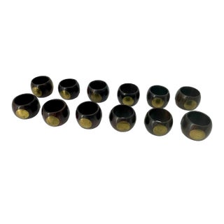Set of Twelve Vintage Mid Century Modern Wood and Brass Napkin Rings For Sale