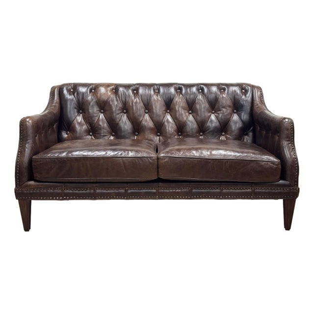 Vintage Tufted Leather Settee Sofa With Nailhead Trim For Sale