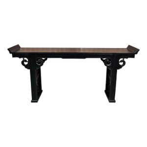 Vintage Black Lacquered Chinese Altar Console Table With Carved Scrollwork