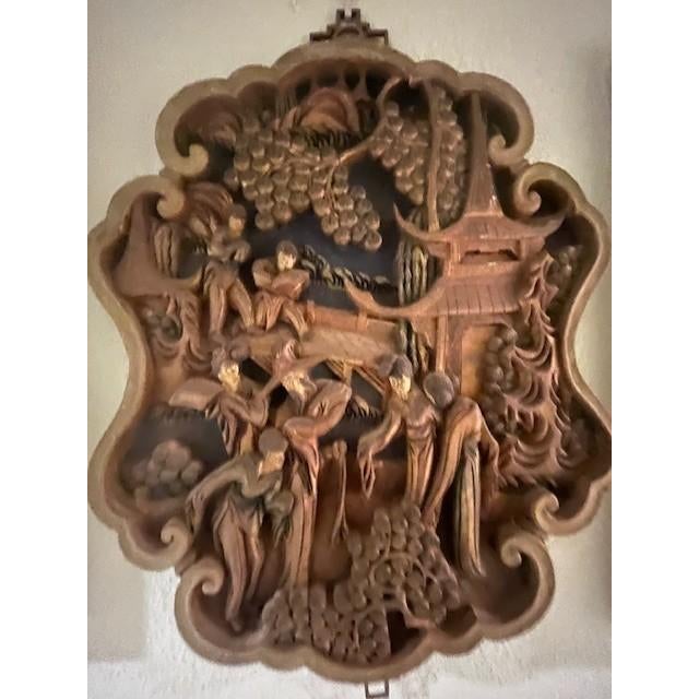 Hand Carved Wood Chinese Wall Plaque Set - 3pc Vintage Chinoiserie Garden Panels For Sale - Image 4 of 18