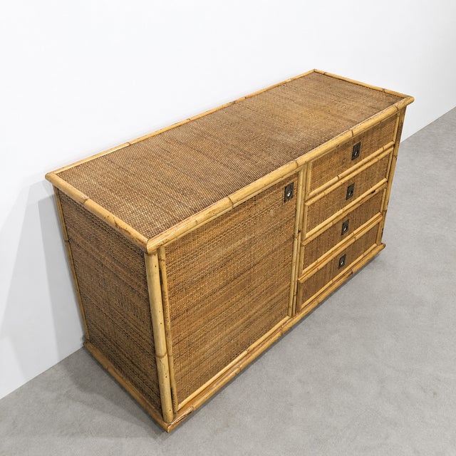 1970s Vintage Rattan and Bamboo Low Sideboard, Italy, 1970 For Sale - Image 5 of 10
