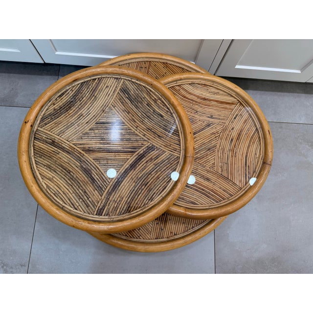 1970s MCM Pencil Reed & Bamboo Three-Tier Swivel Coffee Table For Sale - Image 5 of 12