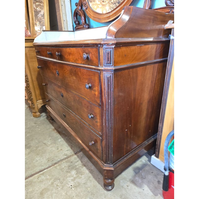 Antique Late 19th Century Victorian Dresser Featuring a Carved Mirror and Original Marble Top. For Sale - Image 4 of 14