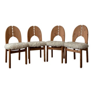 Scandinavian Modern Pine Dining Chairs in Faux Sheepskin, 1970s, Set of 4 For Sale