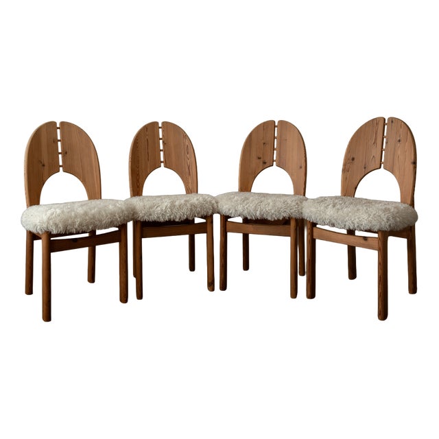 Scandinavian Modern Pine Dining Chairs in Faux Sheepskin, 1970s, Set of 4 For Sale