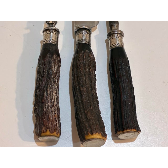 Sheffield Vintage Stag Antler Carving Set - English Sheffield W/ Sterling Silver Ferrules - 3 PCS For Sale - Image 4 of 11