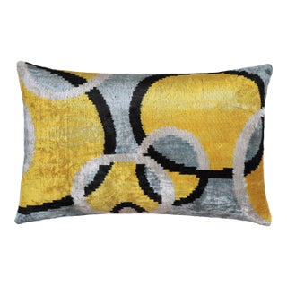 Yellow Abstract Ikat Velvet Lumbar Pillow 16x24 | Handmade Luxury Accent For Sale