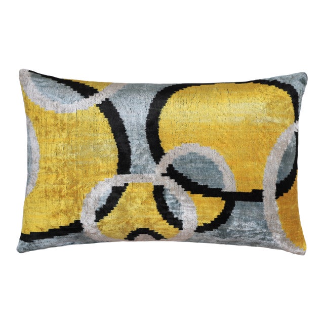 Yellow Abstract Ikat Velvet Lumbar Pillow 16x24 | Handmade Luxury Accent For Sale