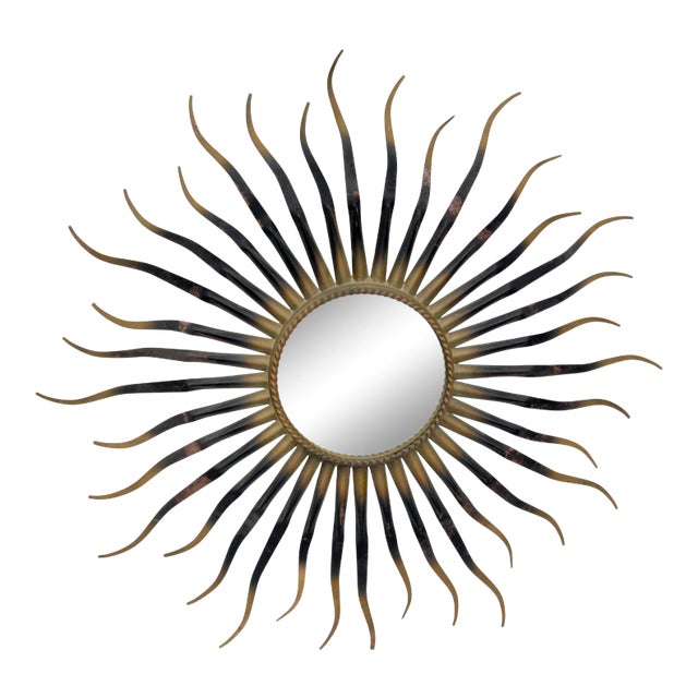 Chaty Sunburst Brass & Gun Metal Wall Mirror French Mid-Century Modern, 1960s For Sale