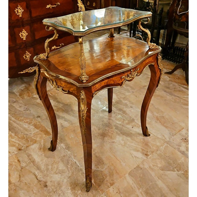 French French-Style Serving Table – Rich Wood Finish, Glass Top & Ornate Gold Leaf Details For Sale - Image 3 of 3