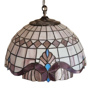 Vintage Late 20th Century Leaded Stained Glass Hanging Dome Chandelier Shade For Sale