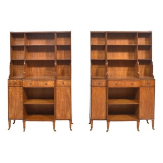 Satinwood Crossbanded Open Breakfront Waterfall Bookcases, 1890s, Set of 2 For Sale