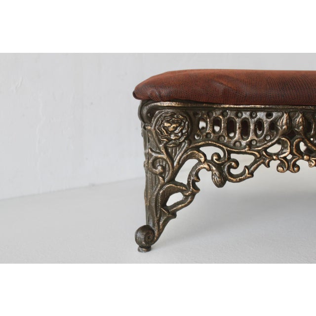 Large Vintage Victorian Style Cast Iron Bronze Finish Footstool Padded Faux Croc Fabric Top For Sale In Miami - Image 6 of 12