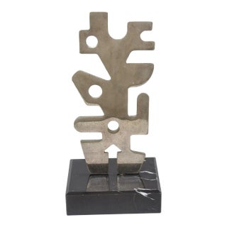 Vintage Abstract Steel Cubist Sculpture on Black Veined Marble Base, 1990 For Sale