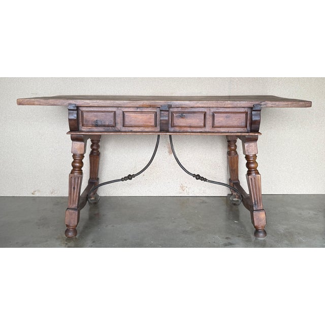 19th Century Solid Oak Baroque Fluted Legs Desk Writing Table or Console For Sale - Image 4 of 18