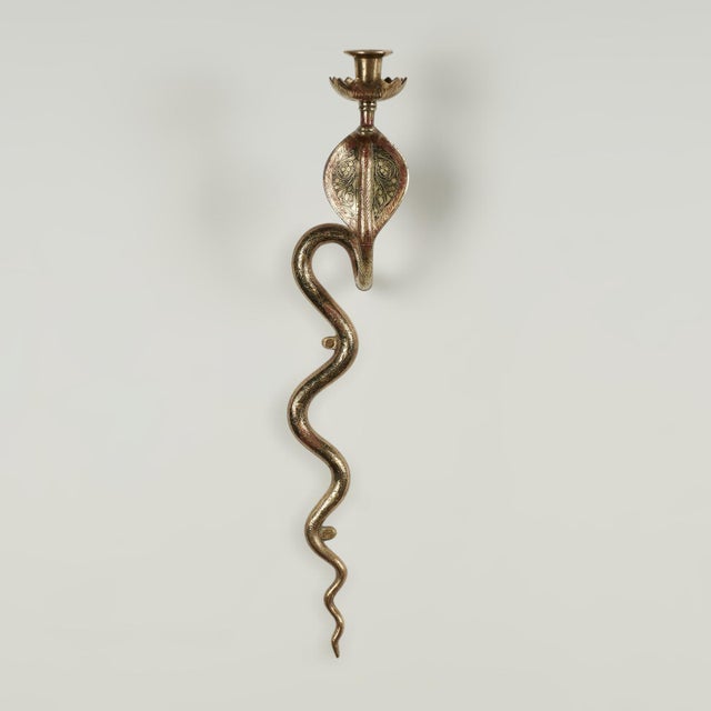 Gold Vintage Pair of Anglo Indian Brass Snake Wall Sconces For Sale - Image 8 of 16