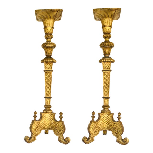 Large Scale Italian Vintage Gold Finished Carved Wood Pedestals - a Pair For Sale