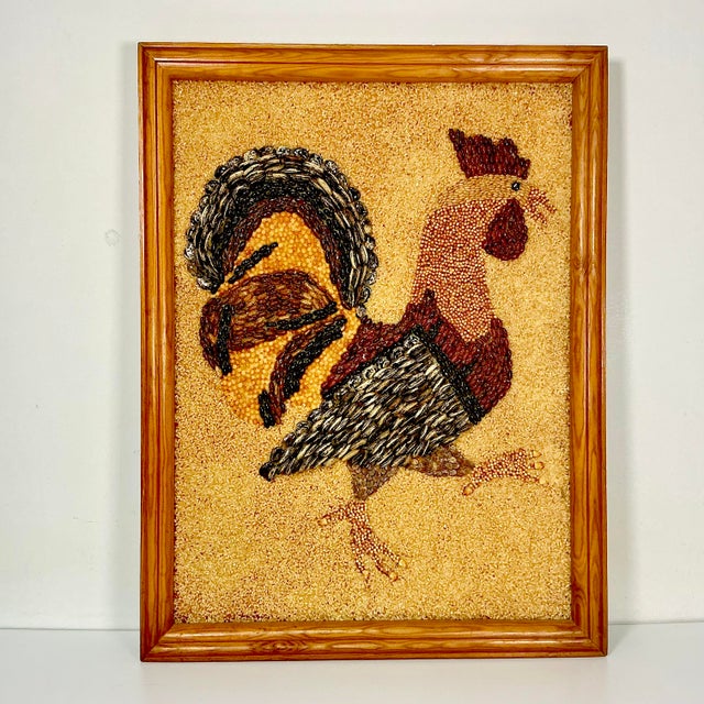 1950s Vintage Boho Chic Americana Folk Art Framed Rooster Seed Collage For Sale - Image 4 of 14