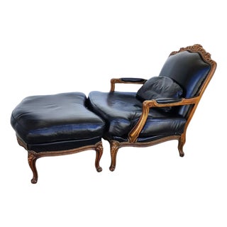 Chateau Dax French Provincial Black Top Grain Leather Lounge Chair & Ottoman For Sale