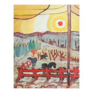 Vintage Modernist Horses in Landscape Painting For Sale