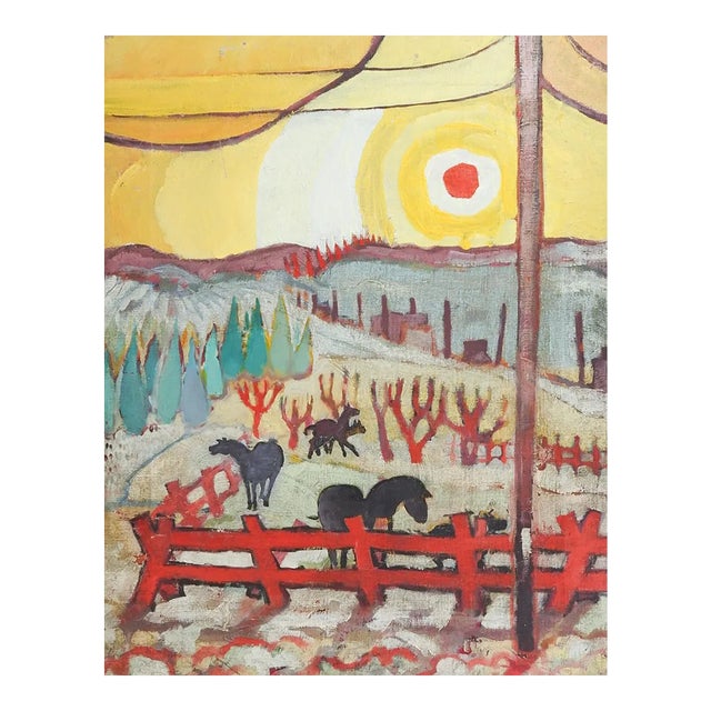 Vintage Modernist Horses in Landscape Painting For Sale