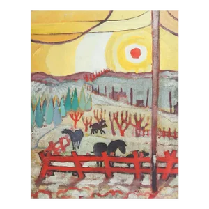 Vintage Modernist Horses in Landscape Painting