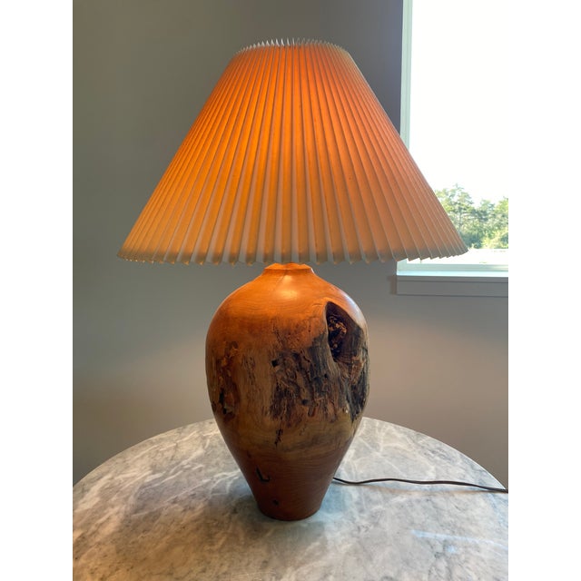 Carved Turned Wood Log Artisan Rustic Lamp + Pleated Shade For Sale - Image 14 of 18