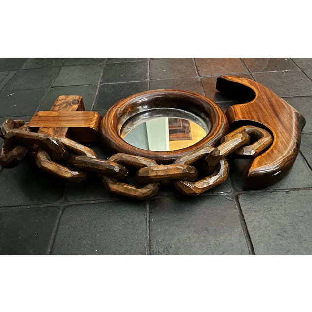 Brown Nautical Folk Art Hand-Carved MCM Wooden Anchor and Chain Mirror For Sale - Image 8 of 9