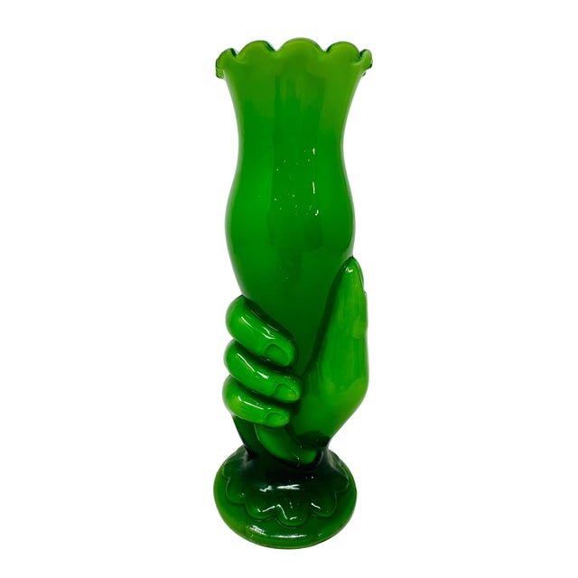 Mid-Century Modern Vintage 1970s Green Art Glass Hand Vase | Mid Century Modern Emerald Green Overlay | Ruffled Scalloped Rim Bud Vase MCM Home Decor For Sale - Image 3 of 9