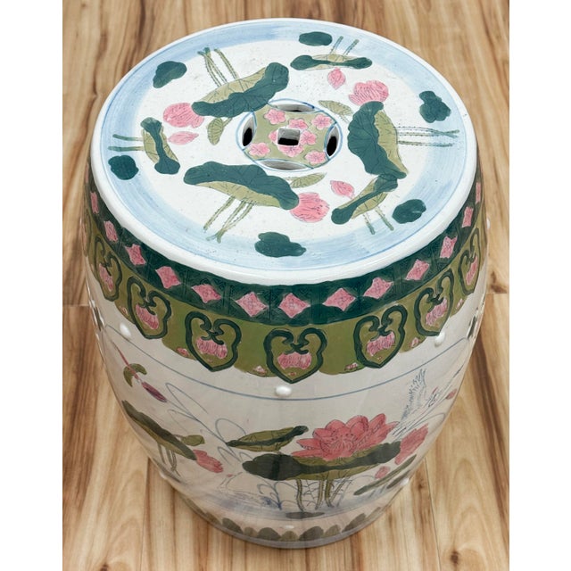 Chinoiserie Vintage Ceramic Lily Pad Motif Garden Stool For Sale - Image 3 of 10