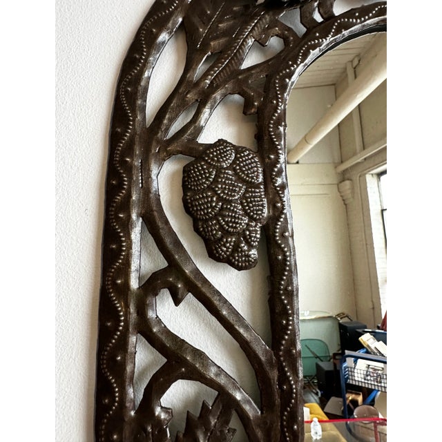 Vintage Handmade Punched Tin Brutalist Bird Motif Oval Mirror For Sale - Image 6 of 12