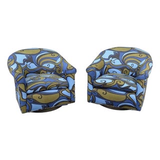 1960s Pair Milo Baughman Swivel Chairs Jack Lenor Larsen Fabric For Sale