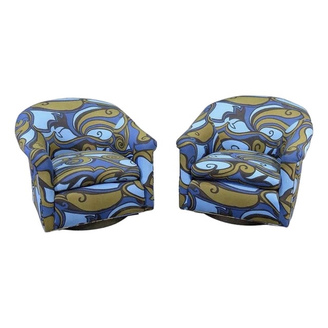 1960s Pair Milo Baughman Swivel Chairs Jack Lenor Larsen Fabric For Sale