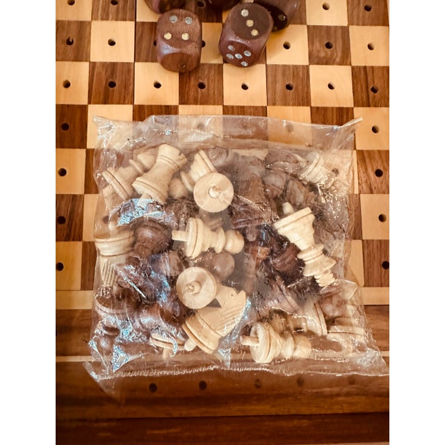 Brown Vintage Mid-Century Inlaid Wood & Brass Tabletop Game Set Backgammon, Chess, Dominoes, Dice , Made in England For Sale - Image 8 of 17