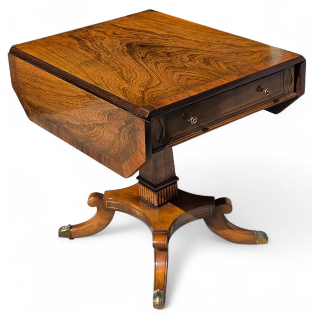Vintage Regency Revival Rosewood Pedestal Drop-Leaf Table With Drawer, Brass-Mounted Base For Sale - Image 12 of 12