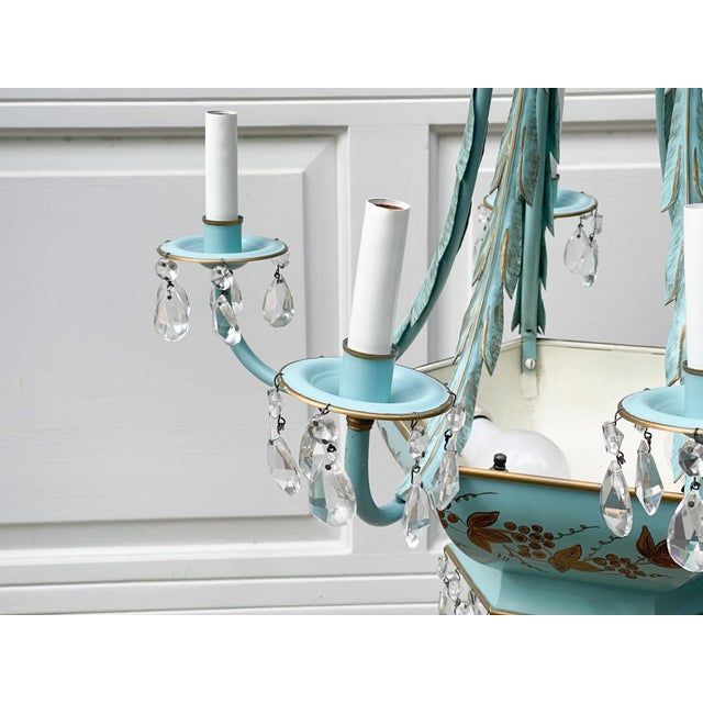 Art Deco Vintage French Tiffany Blue and Gold Gilt Tole Metal Chandelier With Clear Crystals For Sale - Image 3 of 11