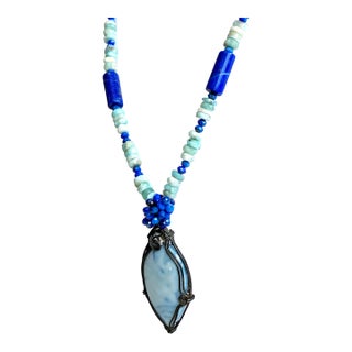 Organic Modern Artisan Larimar, Lapis Lazuli & Herkimer Diamond Sterling Silver Statement Necklace For Sale