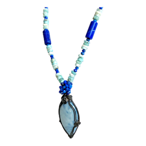 Organic Modern Artisan Larimar, Lapis Lazuli & Herkimer Diamond Sterling Silver Statement Necklace